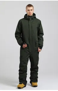 Close-up of olive green one-piece ski suit featuring hood and functional zip pockets