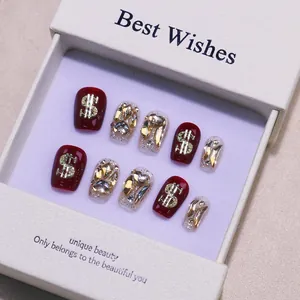 Handmade Press On Nails Cherry Red Rhinestone Glitter False Nails Lucky Wealth Dollar Sign Short Square UV Gel Manicure Women