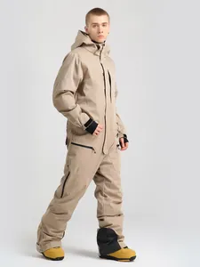 Men's khaki one-piece hooded ski suit with waterproof zippers and black windproof cuffs