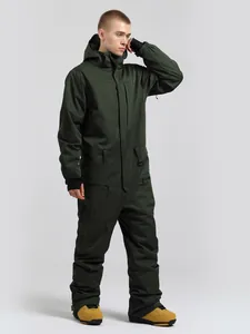 Mens one-piece forest green ski suit with waterproof zippers and adjustable hood