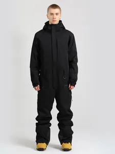 Men's professional one-piece black ski suit with waterproof fabric and hooded design