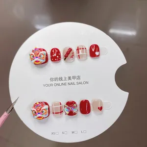 Handmade Kids Press On Nails Chinese Lion Dance Theme 3D Bow Red White Festive Fake Nails For Children Party Decoration Art