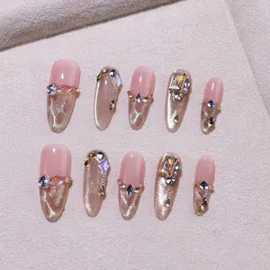 Handmade Press On Nails Champagne Gold Cat Eye Luxury Rhinestone Pearl Butterfly Long Oval Short Almond Fake Nails For Women 10 Pcs Set