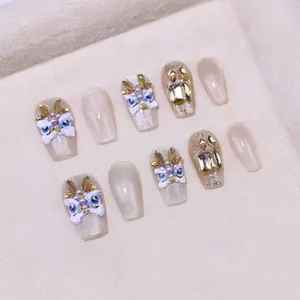 Uñas Postizas Hechas a Mano de Danza del León Oriental Lujo Ojo de Gato Relieve 3D Diamantes de Imitación Oro Champaña Manicura Festiva