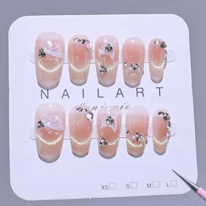 Handmade Pink Gradient Cat Eye Press On Nails With White Butterfly Rhinestone Decor French Style Fake Nails For Women