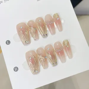 Handmade Luxury Press On Nails Gold Mermaid Tail Long Coffin Fake Nails With Artificial Pearls Rhinestones Elegant Manicure For Women