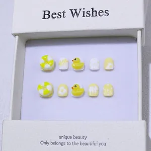 Unghie finte 3D fatte a mano a forma di papera per bambini in giallo e bianco lucido