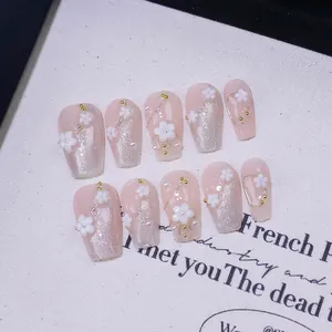 Handmade French Sakura Cat Eye Press On Nails Pink Glitter Fake Nails With 3D White Flower Gold Beads For Women Finger