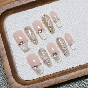 Faux Ongles à Presser Français Œil de Chat Fait Main Rose Champagne Avec Papillon 3D Fleur Künstliche Perle Strass