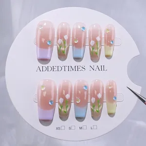 Handmade French Press On Nails Set Long Coffin Macaron Gradient Tulip Floral Rhinestone False Nails For Women Manicure Decor