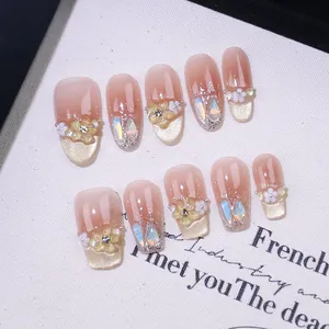 Handmade Press On Nails French Gradient Nude Pink Floral Tulip Rhinestone Aurora Drill Reusable False Nails For Women
