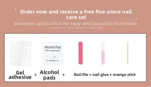 5-piece manicure tool kit including adhesive tabs, glue, file, prep pad, and wood stick