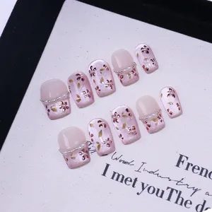 Unghie a Pressione Fatte a Mano Rosa Viola Occhio di Gatto Floreale Perla Decorazione Stile Francese Unghie Finte Eleganti Trapezio