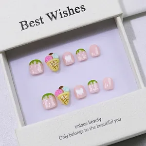 Handgefertigte Kinder Künstliche Fingernägel Süße Erdbeere Eiscreme 3D Muster Rosa Falsche Nägel Für Mädchen Kinder Nagelkunst Dekoration