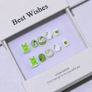 Kids Handmade Press On Nails Cute Cartoon Frog Swan 3D Design Green White Short Square Artificial Nails With Gift Box For Girls Daily Manicure