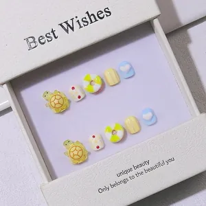 Kids Cute Cartoon Turtle Press On Nails Handmade Resin Relief Fake Nails For Girls Heart Pattern Children Manicure Decoration Gift