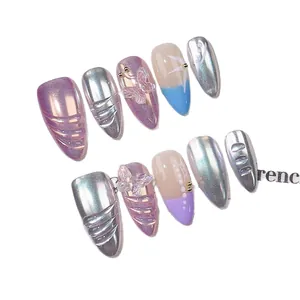 Blaue Schmetterling 3D-Press-on-Nägel mit Silberchrom und Perlenakzenten für Damen