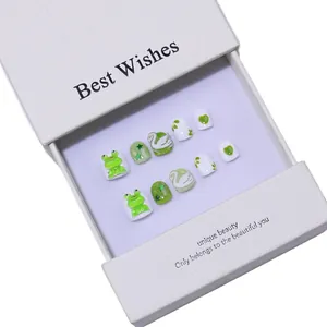 Handmade cute cartoon green frog press-on nails for kids in a premium gift box