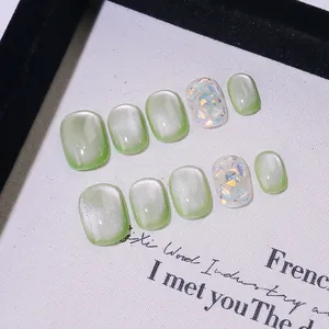 Faux Ongles Faits à la Main Vert Clair Oeil de Chat Avec Paillettes Strass Court Carré Rond Ensemble Amovible