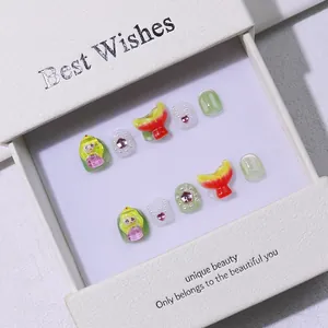 Handmade 3D cartoon press-on nails for kids featuring princess and mermaid designs