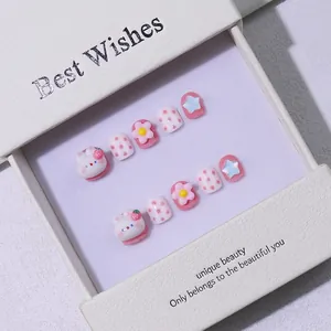 Handmade 3D rabbit and floral press-on nails for kids in a premium white gift box