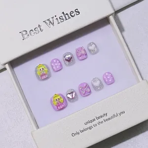 Handmade purple cartoon press-on nails set with 3D butterflies and heart charms