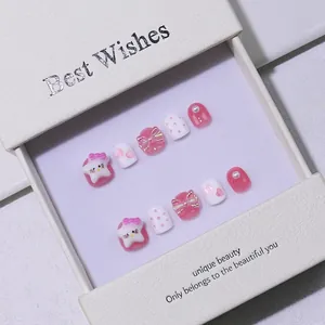 Kids Handmade Press On Nails Pink White Cute Cartoon Star Heart Bow 3D Artificial Nails Set For Girls Student Gift