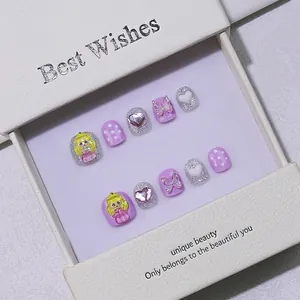 Handmade press-on nails for kids featuring purple cartoon princess and 3D heart charms