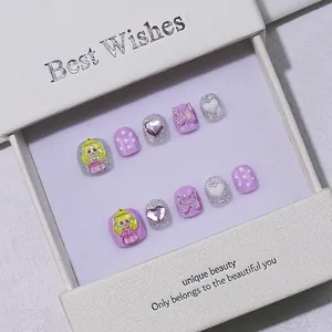 Handmade purple glitter press-on nails for kids with cartoon princess and 3D heart charms