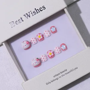 Handmade cute cartoon press-on nails for kids with 3D bunny and strawberry designs