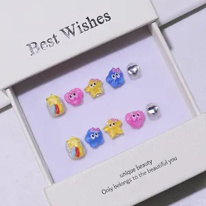 3D handmade cartoon press-on nails set featuring rainbow stars and cute heart charms