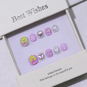 Handmade Kids Cartoon Purple Princess Heart Butterfly 3D Glitter Press On Nails Sweet Glossy False Nails For Girls Gift