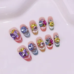 Handgemaakte Luxe Kattenoog Kunstnagels Met 3D Vlinder Strass Versiering Glinsterende Franse Stijl Fake Nails Voor Vrouwen