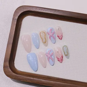 Handmade Ocean Theme Press On Nails 3D Starfish Artificial Pearl Shell Decor Light Blue Pink Gel Nail Tips Almond Shape Style Jewelry
