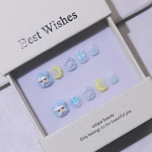 Handmade Cute Cartoon Press On Nails For Kids Short Style 3D Star Moon Bowknot Light Blue False Nails With Gift Box