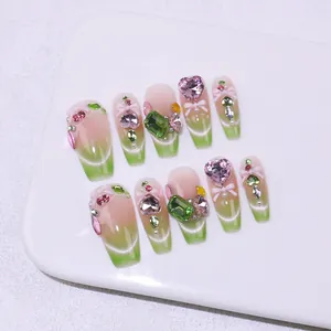 Handmade Cat Eye Press On Nails Pink Green Gradient Long Coffin Fake Nails With Rhinestone Bow Heart Charms For Women