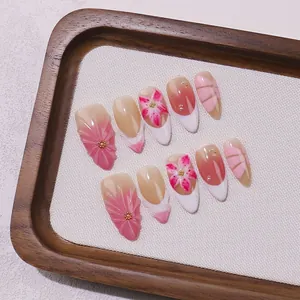 Handmade Press-on Nails Pink Floral 3D Relief Almond False Nails With Pearls Metal Beads French Tip Wearable Fake Nails