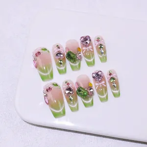 Handmade gradient press-on nails with cat-eye effect and 3D heart crystal butterfly