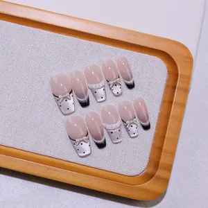 Handgemaakte Franse Kattenoog Coffin Press On Nagels 3D Strik Stippen Lange Ballerina Elegante Manicure Vrouwen