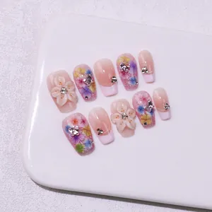 Handmade Resin Press On Nails Pink Gradient French White 3D Flower Rhinestone Elegant Dried Floral Coffin Fake Nails For Women