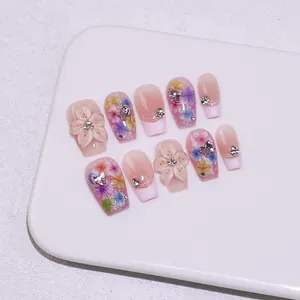 Handmade press-on nails with 3D floral carving and dried flowers in french style