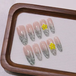 Uñas Postizas a Presión Hechas a Mano Verano Limón Onda Ojo de Gato Degradado 3D Floral Almendra Larga Mujer Joyería