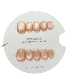 Pink cat eye handmade press-on nails set with square oval shape on display card