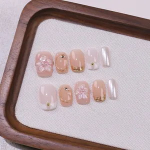 Handmade Press On Nails With 3D Embossed Flowers Nude Pink Blush Gradient Elegant Reusable Short Square Round Fake Nails Set
