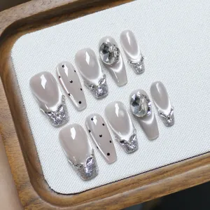 Handmade Cat Eye Coffin Press On Nails With Sparkling Zircon French Style Grey Nude Elegant Long False Nails For Women