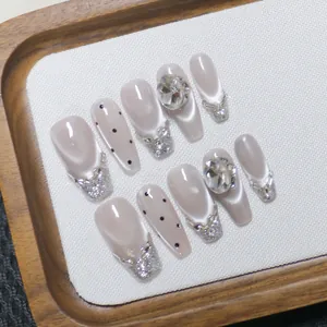 Handmade press-on nails set with cat-eye effect, silver French tips and rhinestone accents