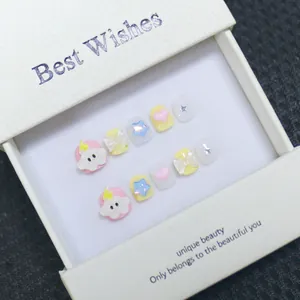 Handmade cute cartoon press-on nails for girls with 3D stars and clouds in a gift box