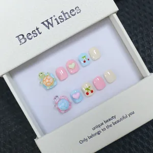 Handmade cute cartoon turtle press-on nails set with macaron colors in a gift box