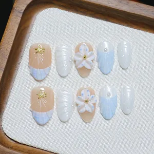 Handmade 3D shell mermaid press-on nails with pearls and ocean blue gradient art