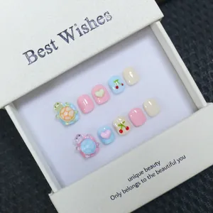 Handmade 3D Cartoon Tortoise Press On Nails For Kids Heart Cherry Macaron Pattern Sweet Fake Nails Gift Box